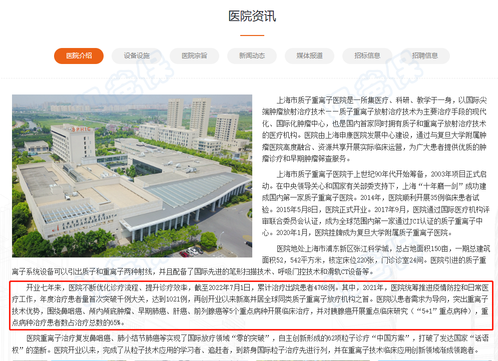 上海市质子重离子医院官网数据