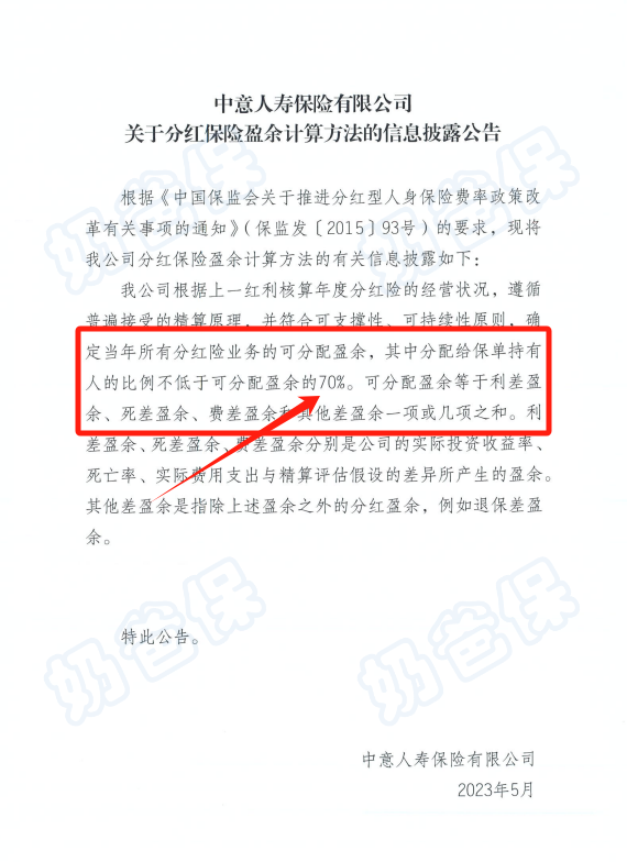 中意人寿官方的分红披露公告