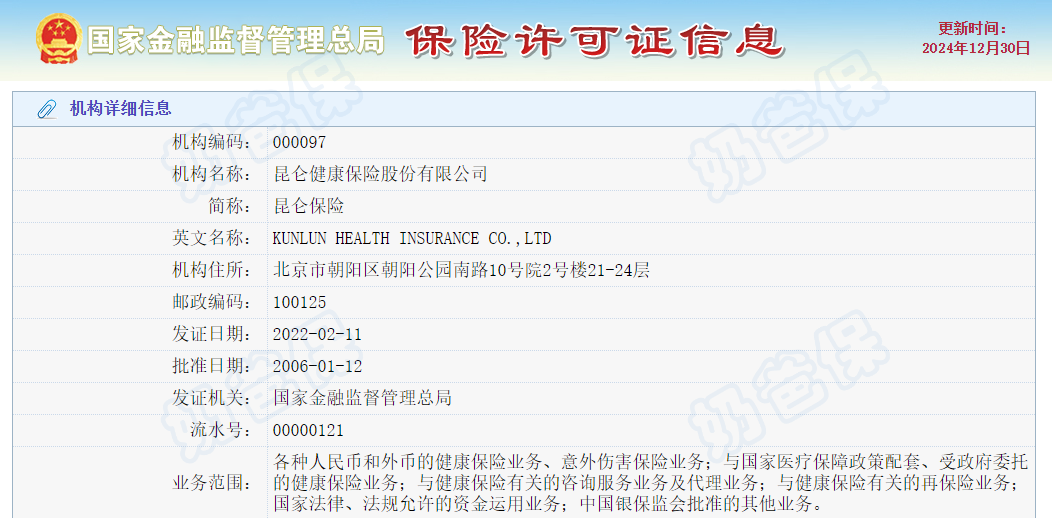 昆仑健康保险公司保险许可证