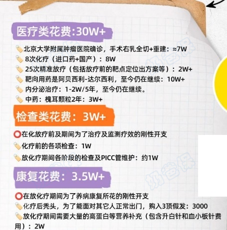 某网友乳腺癌治疗的费用清单 某网友乳腺癌治疗的费用清单